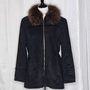1 Madison Black Faux Suede with Removable Fox Fur Collar Zip Front Lined Coat